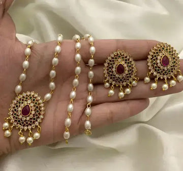 Ruby Green Pearl Gold Plated Pendant Necklace Set