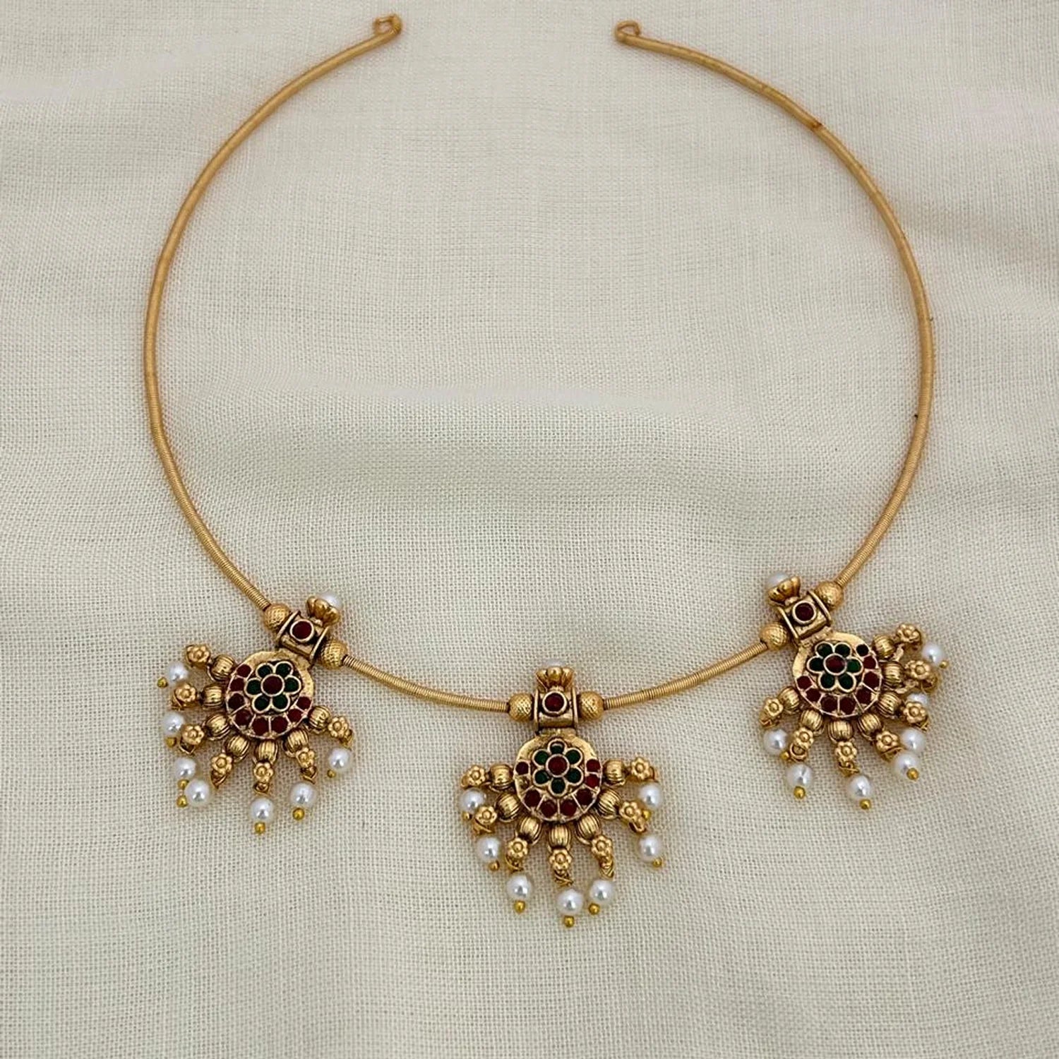 Traditional Gold Plated Hasli Necklace with Pearl Drops