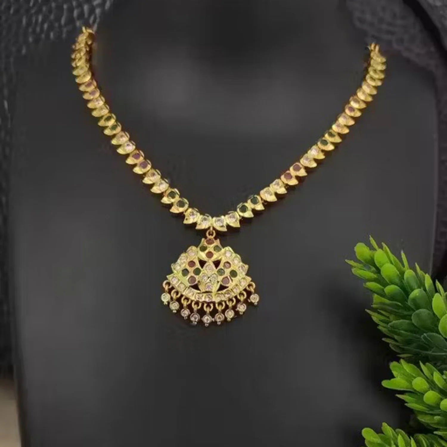 Peacock AD Stone Gold Plated Chain Necklace Set Red