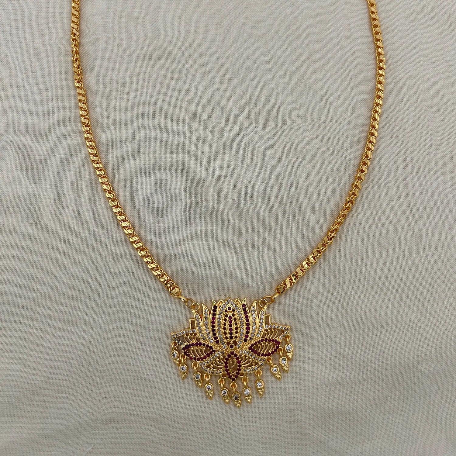 Lotus AD Stone Gold Chain Necklace with Drop Beads