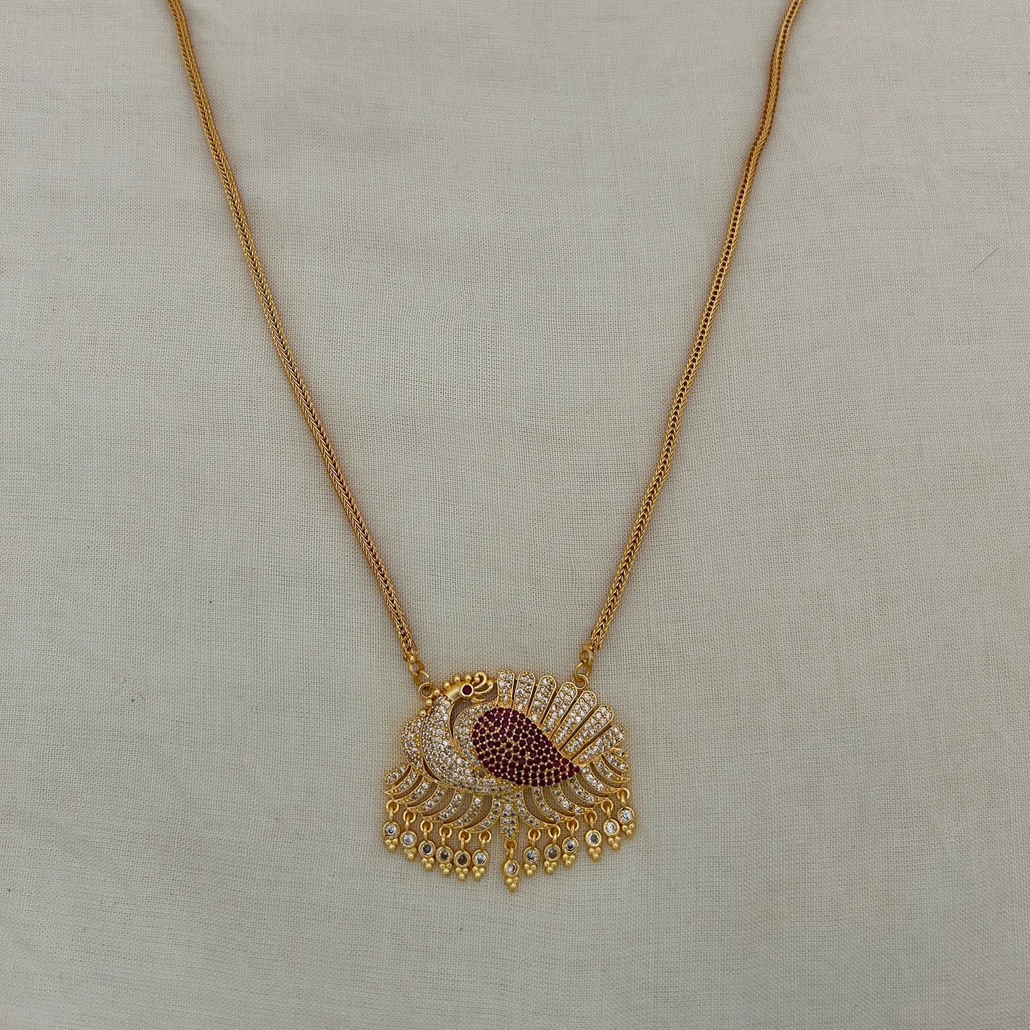 Royal Peacock AD Stone Gold Plated Pendant Chain Necklace
