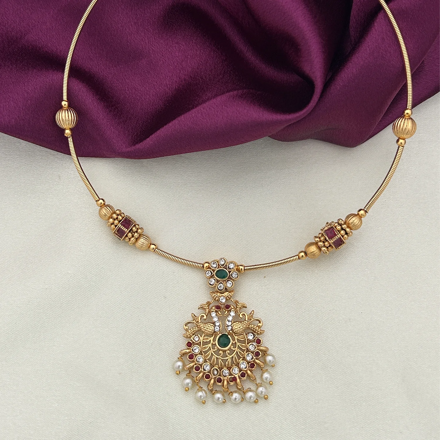 Peacock Pearl Gold Plated Hasli Chain Necklace with Stones