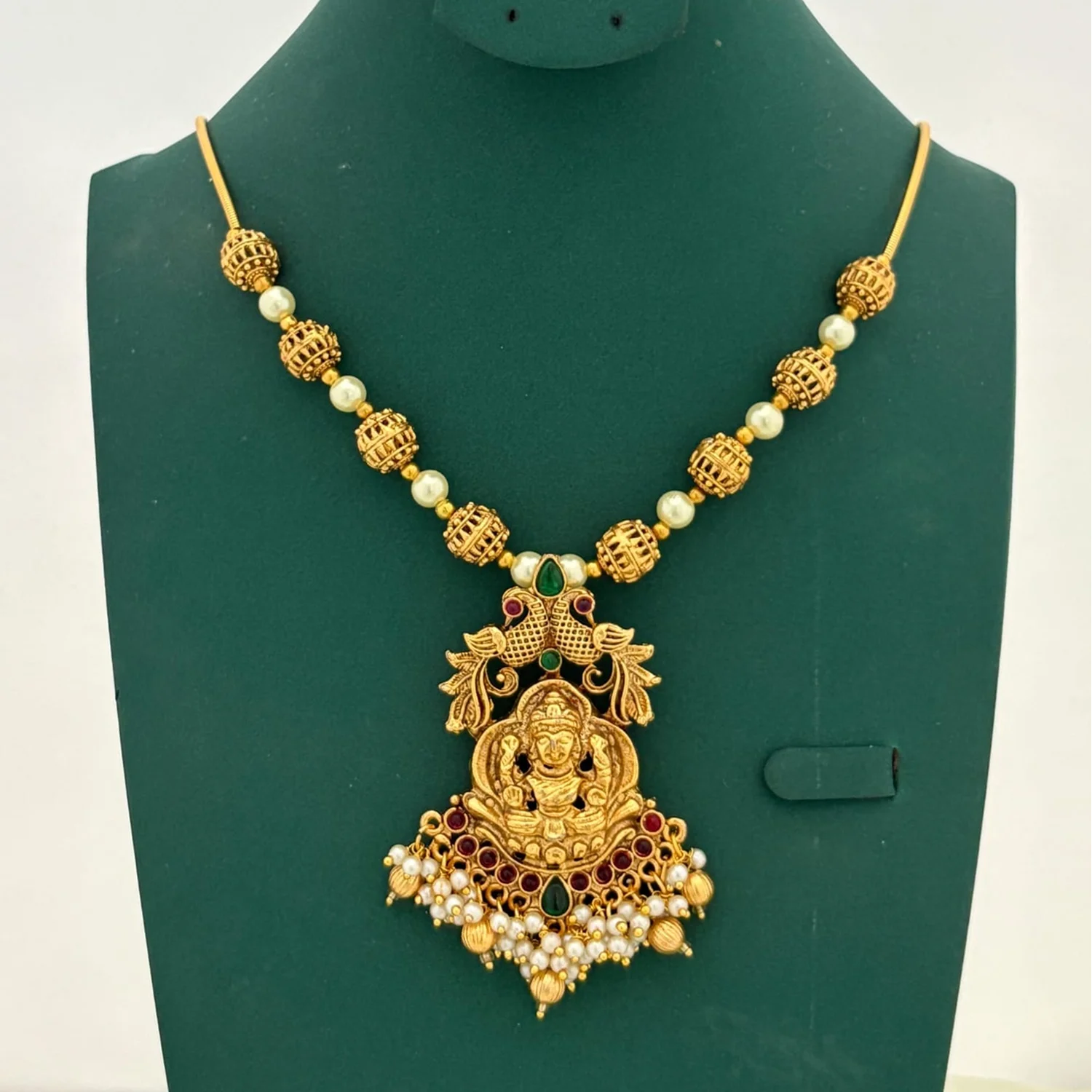 Lakshmi Peacock Gold Plated Chain Necklace with Pearls