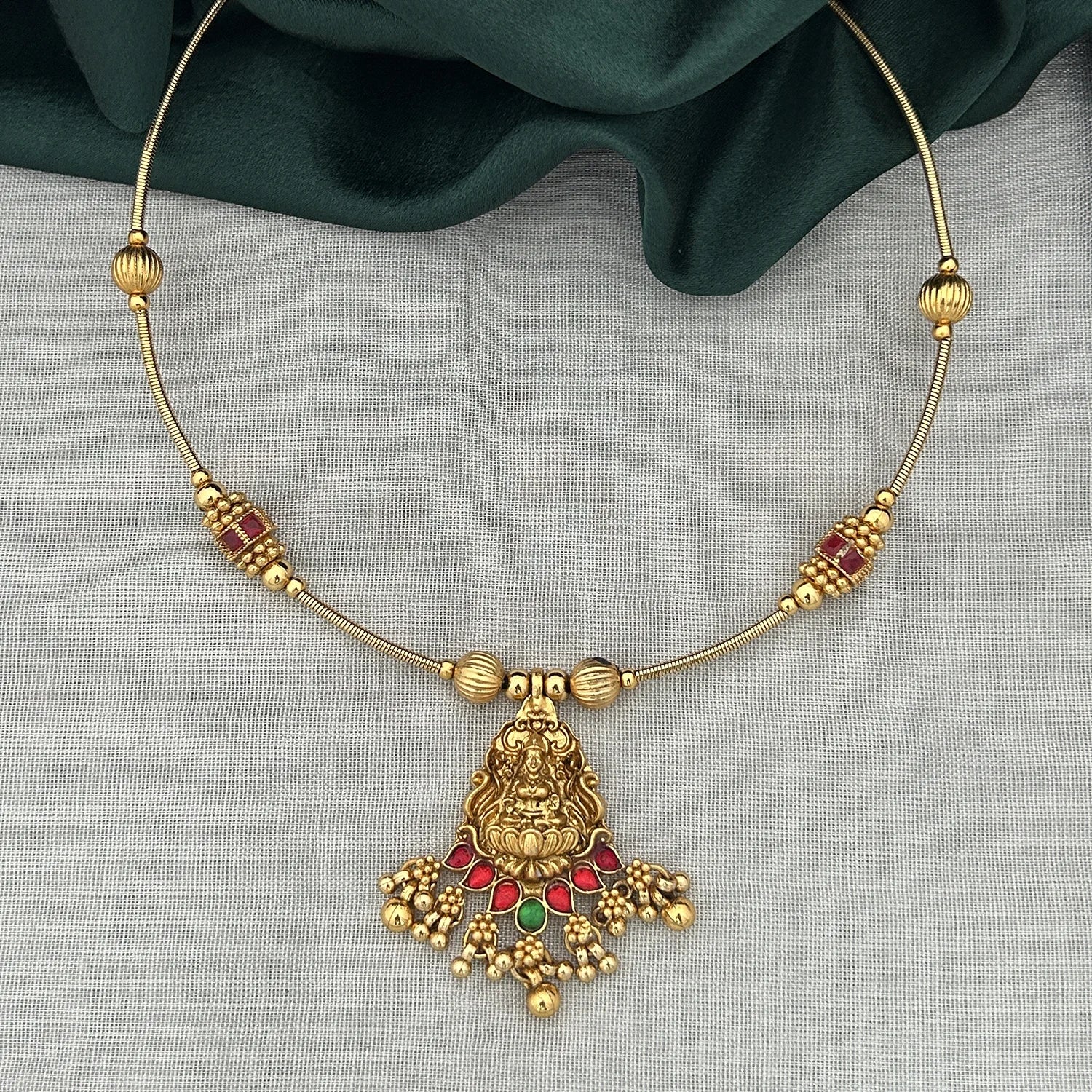 Lakshmi Temple Gold Plated Hasli Chain Necklace with Stones