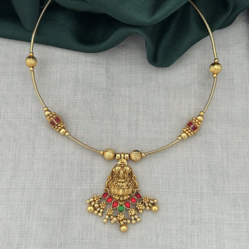Lakshmi Temple Gold Plated Hasli Chain Necklace with Stones
