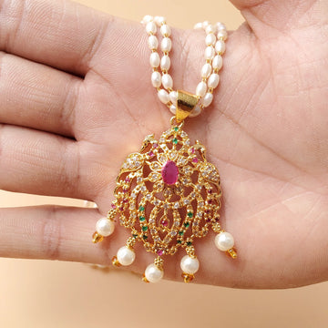 Floral AD Pendant Pearl Mala Necklace for Women