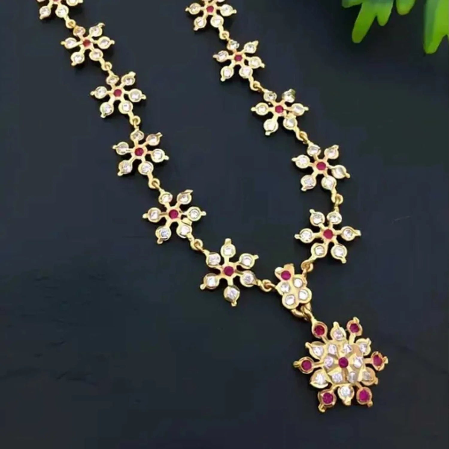 Floral AD Stone Gold Plated Chain Necklace Set