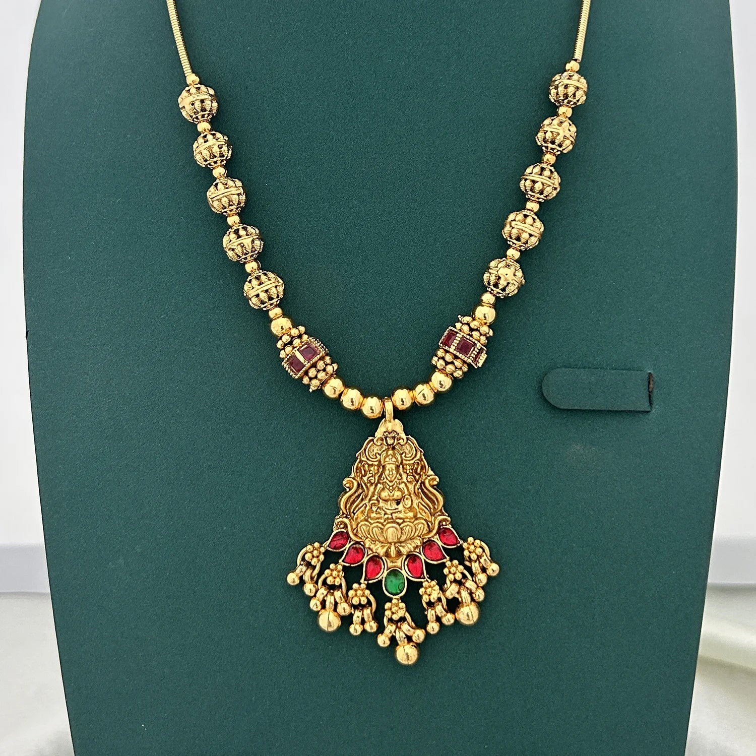 Lakshmi Temple Pendant Gold Hasli Necklace with Stones