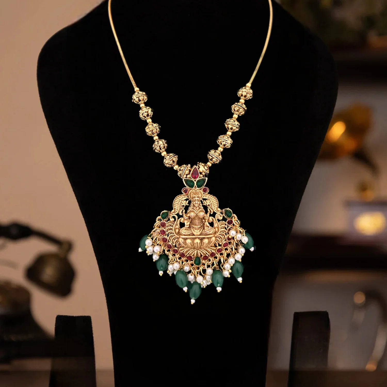Lakshmi Temple Pendant Gold Plated Chain Necklace