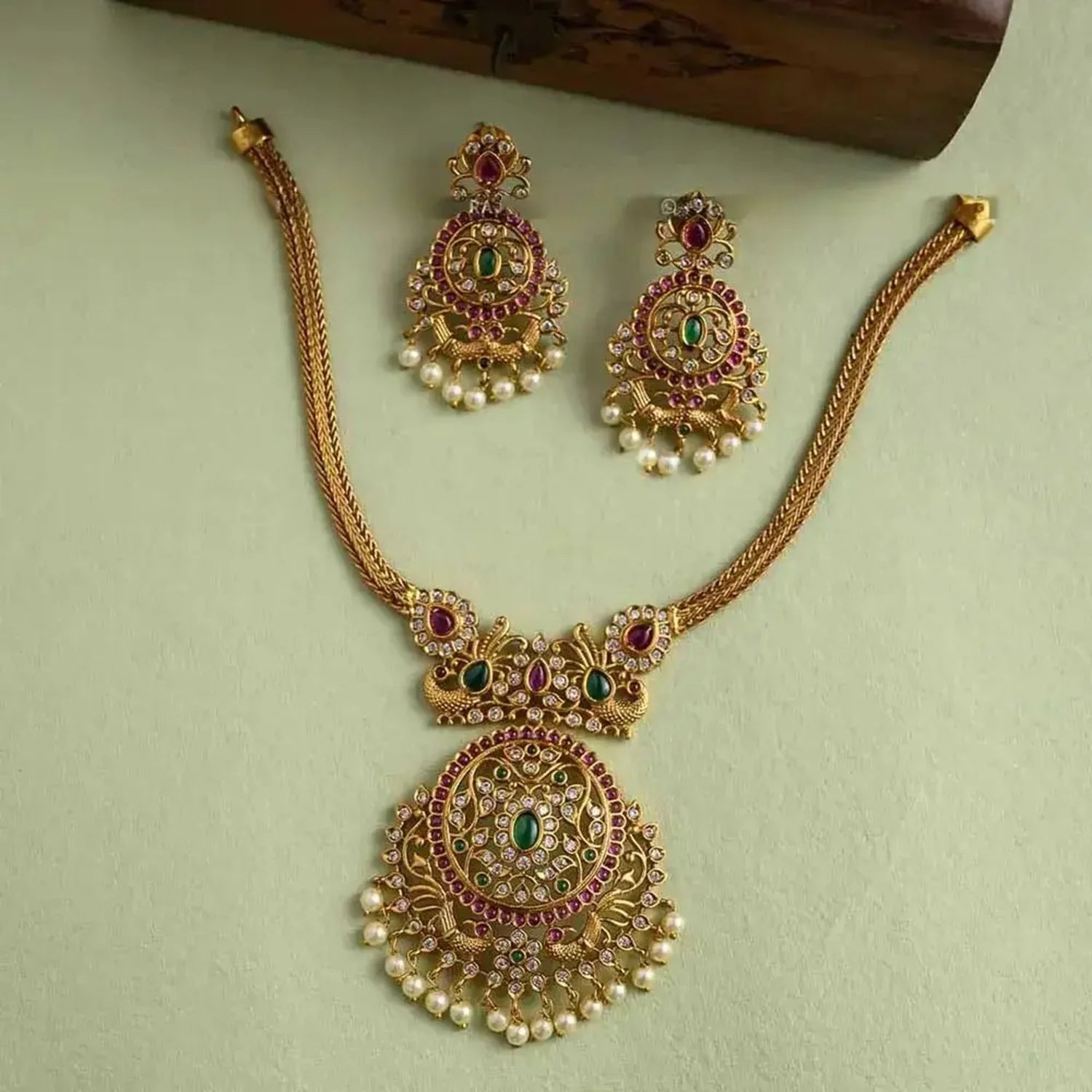 Peacock American Diamond Gold Plated Necklace Set with Earrings