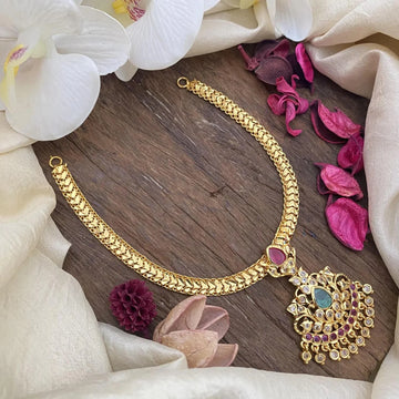 Multi Stone Temple Pendant Gold Chain Necklace for Women