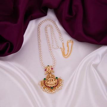 South Indian Temple Pearl Chain Necklace with Lakshmi Pendant