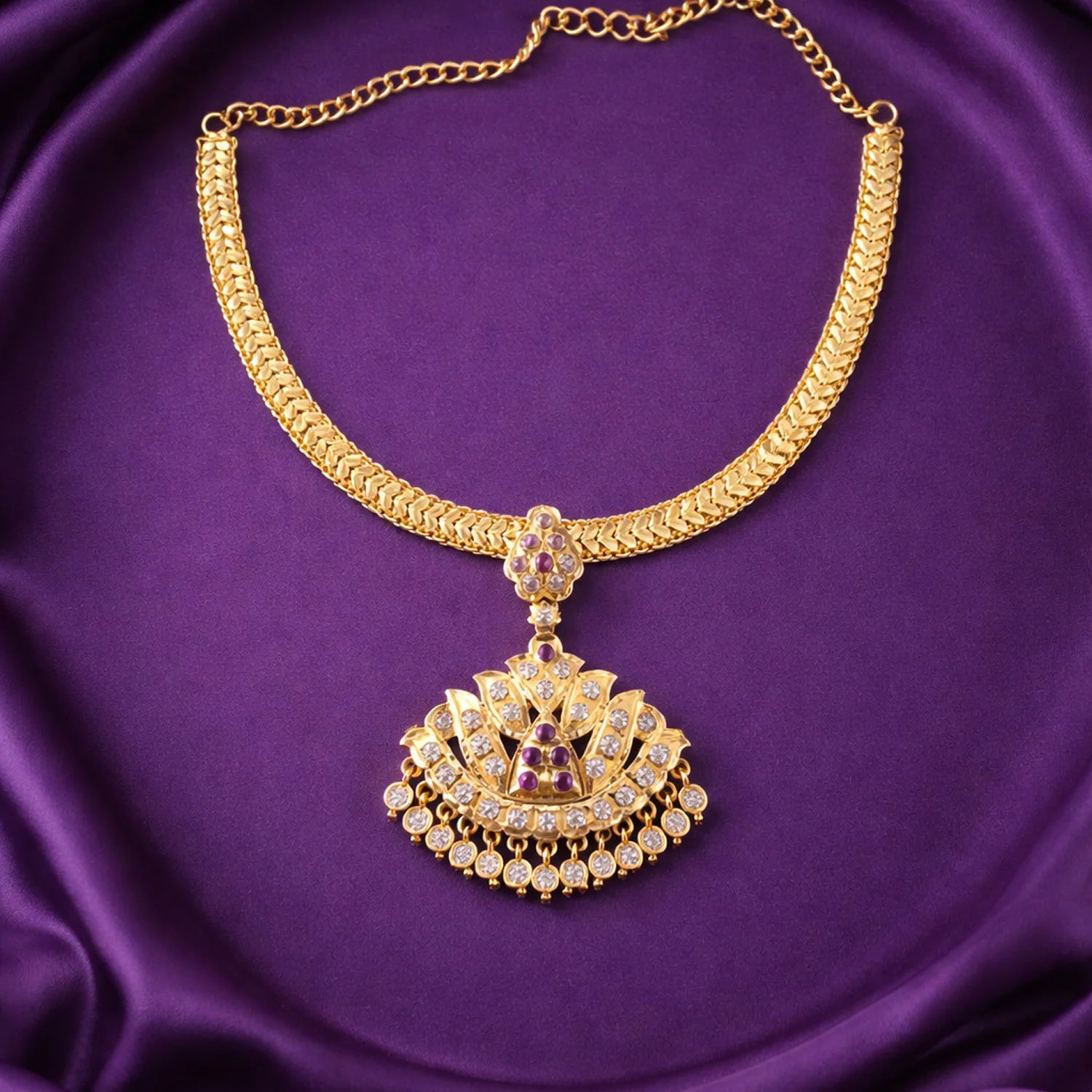 Antique Gold Plated AD Stone Pendant Chain Necklace
