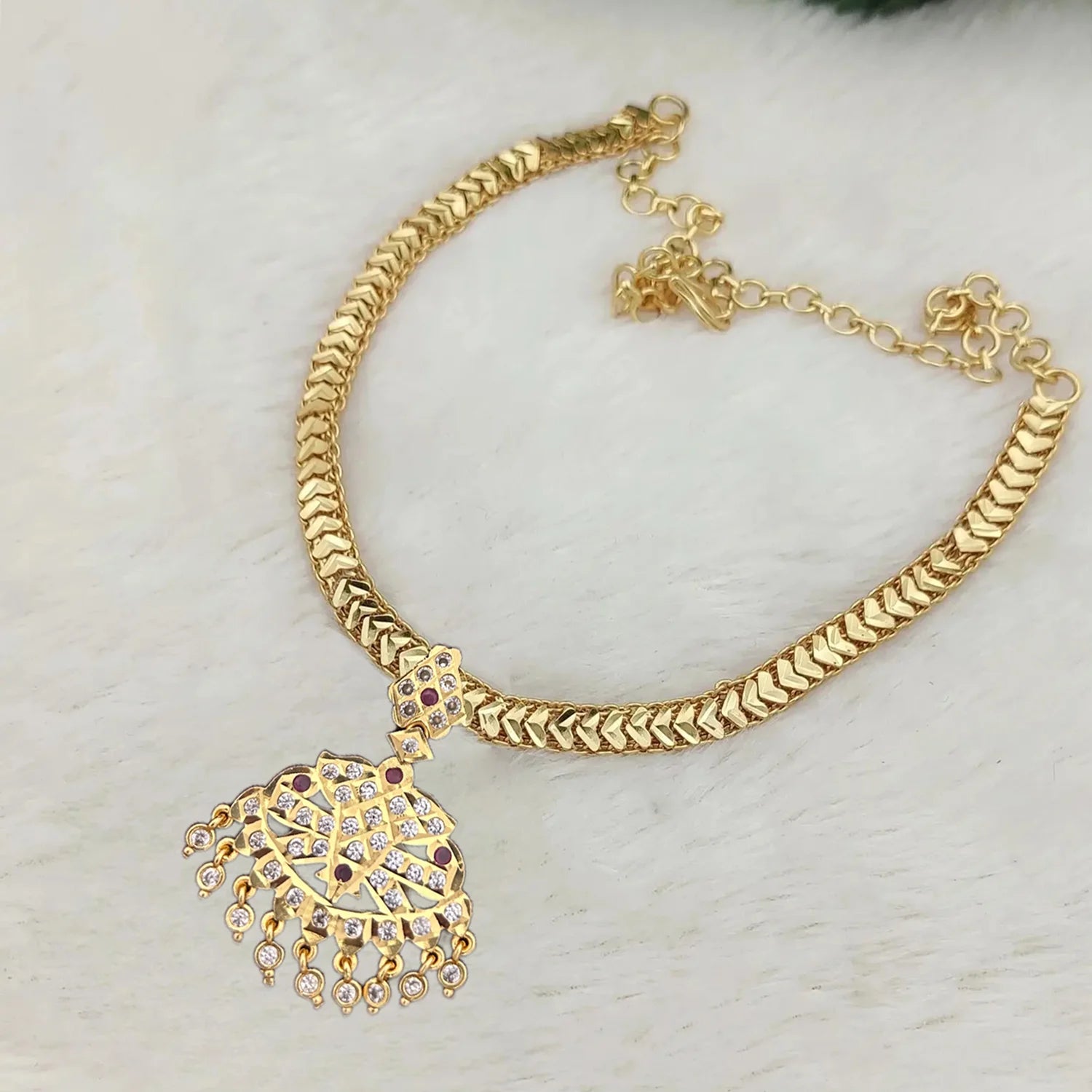 Gold Plated Pendant Chain Necklace with Stone Work