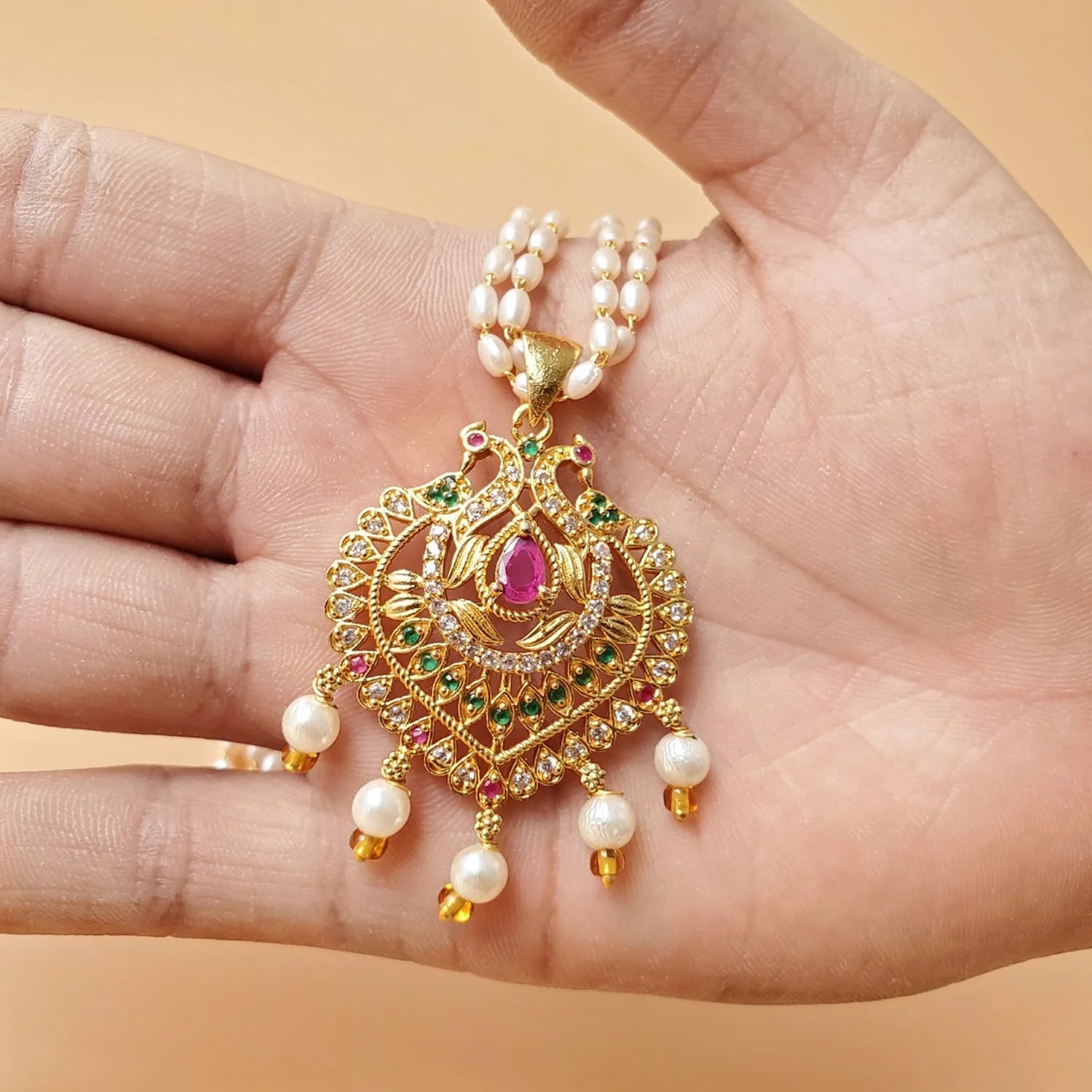 Peacock Pearl AD Pendant Mala Necklace for Women