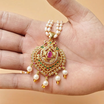 Peacock Pearl AD Pendant Mala Necklace for Women