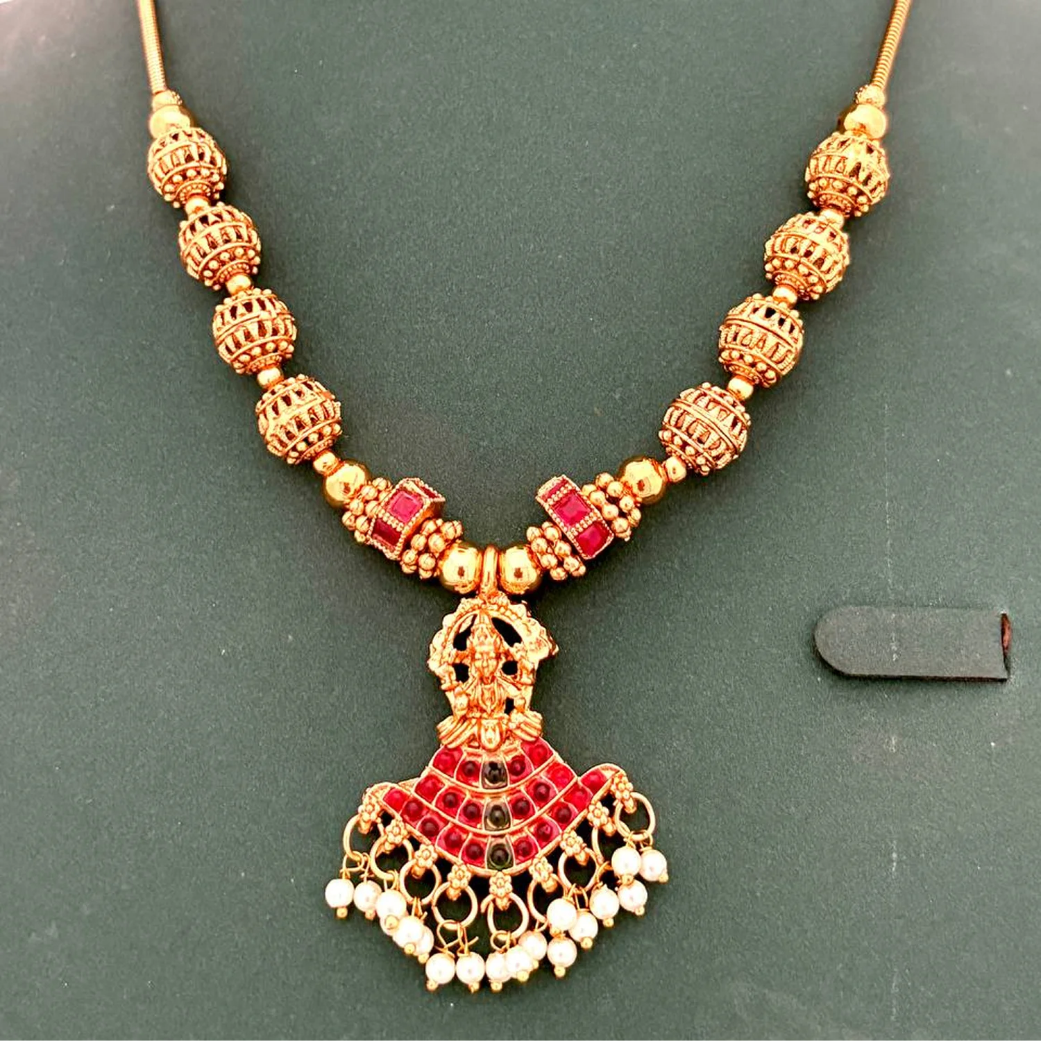 Lakshmi Ruby Gold Plated Temple Chain Necklace with Pearls