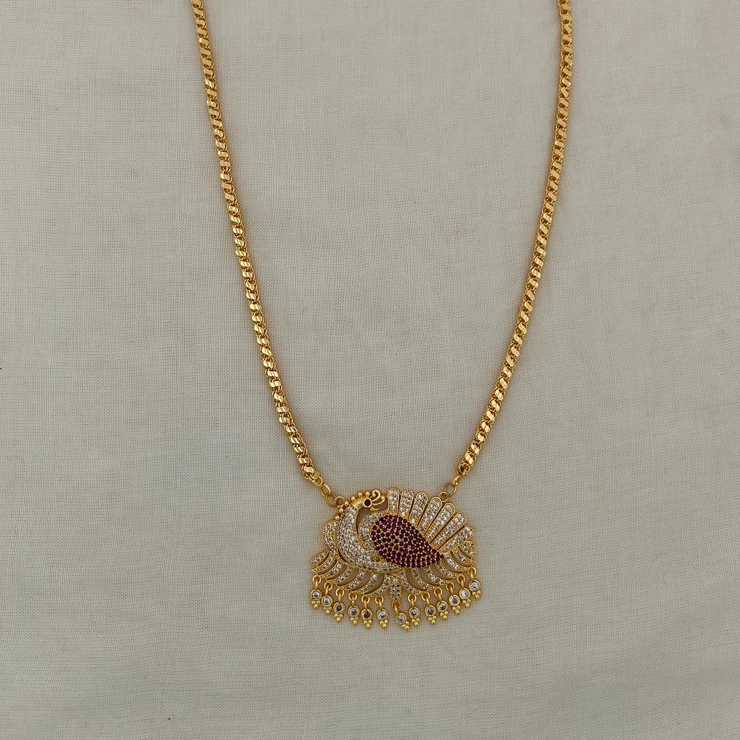 Peacock Ruby Stone Gold Plated Pendant Chain Necklace