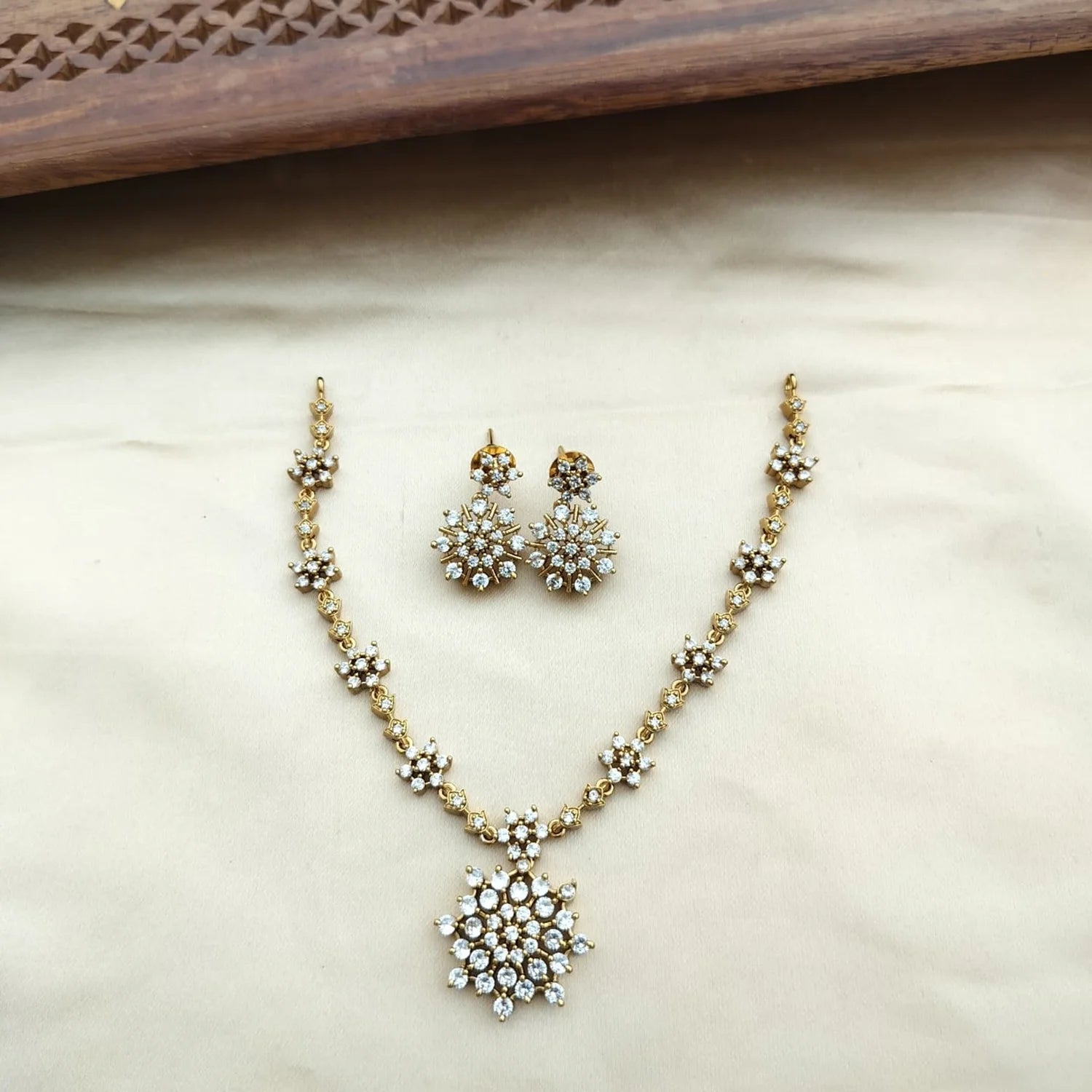 Floral American Diamond Gold Plated Necklace Set