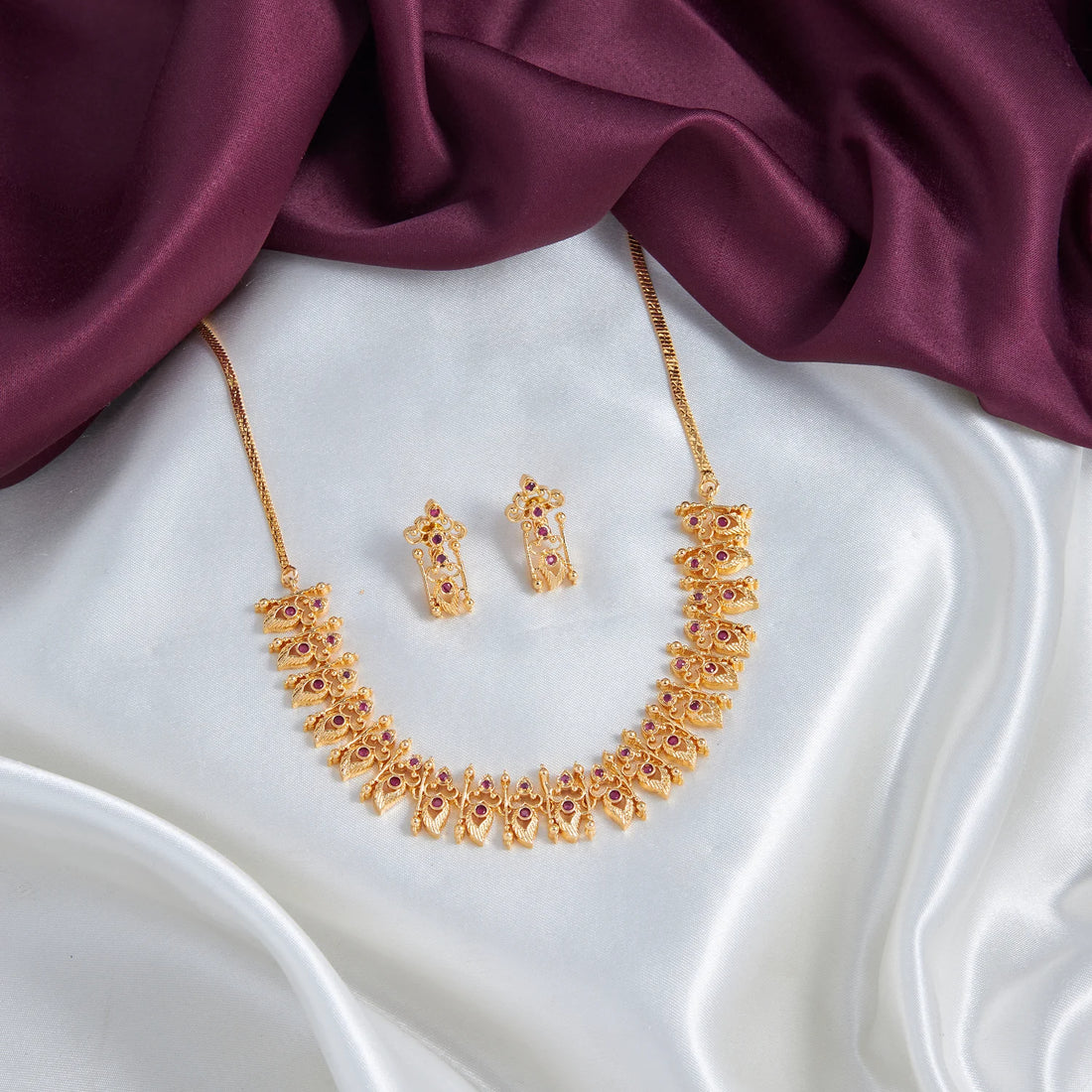 Pink Stone Gold Plated American Diamond Necklace Set
