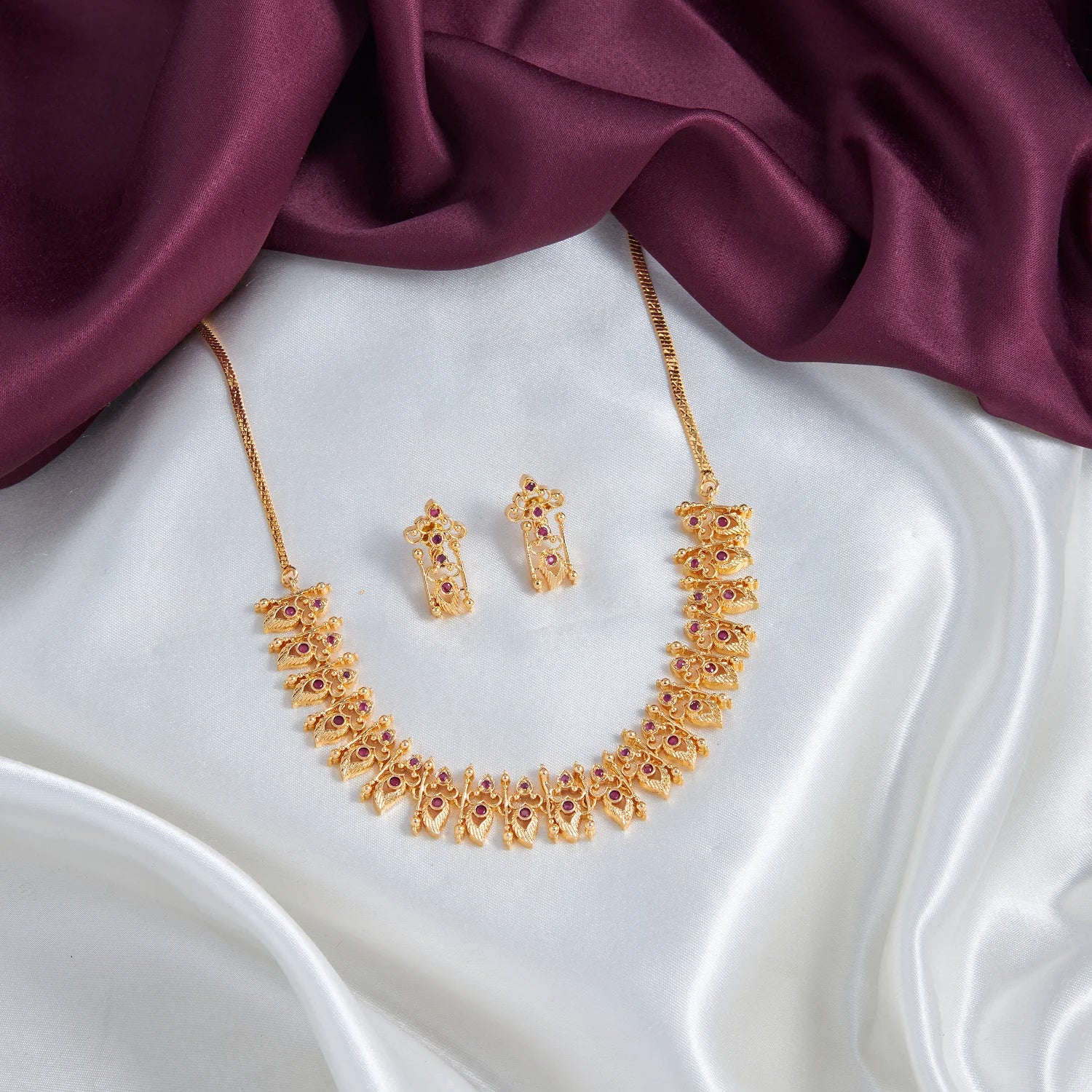 Pink Stone Gold Plated American Diamond Necklace Set