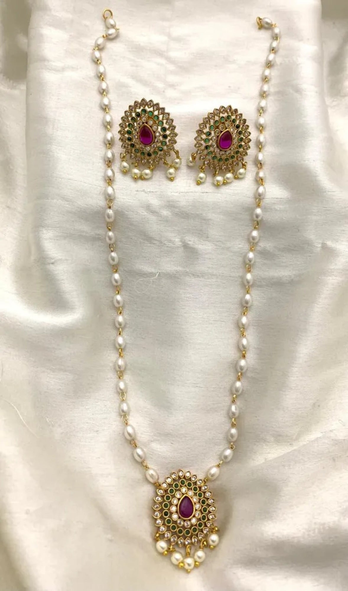 Ruby Green Pearl Gold Plated Pendant Necklace Set