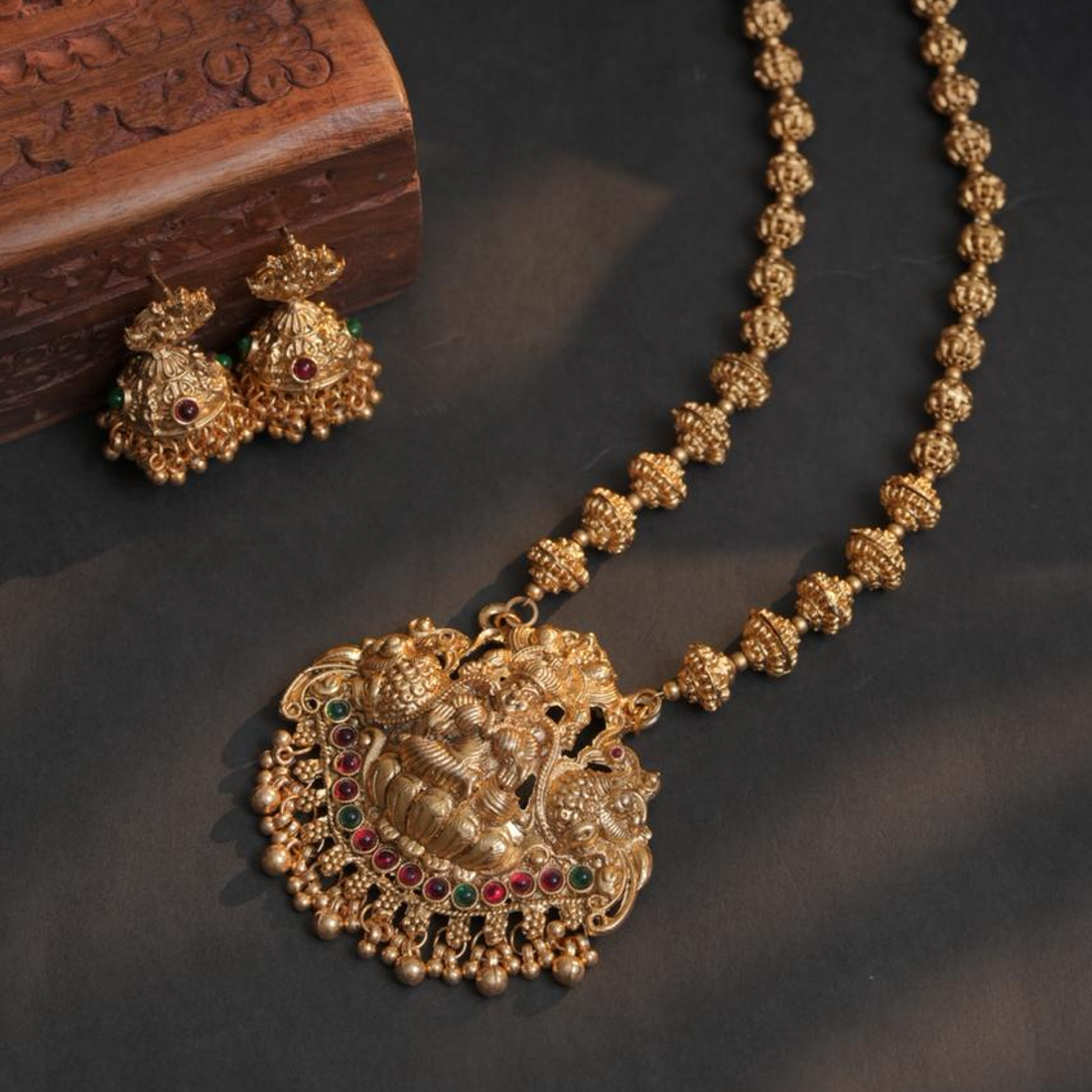 Lakshmi Peacock Temple Green Beaded Necklace