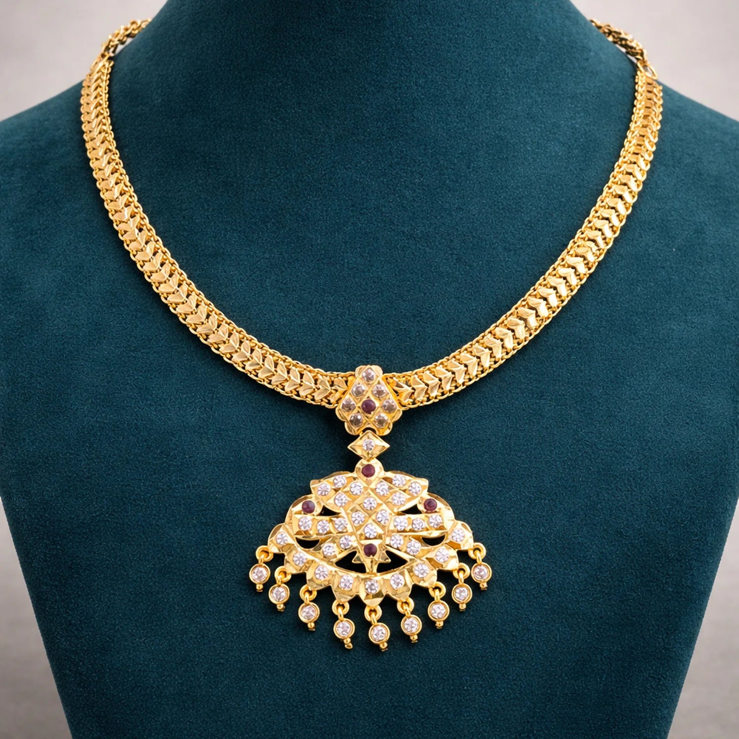 Gold Plated Pendant Chain Necklace with Stone Work