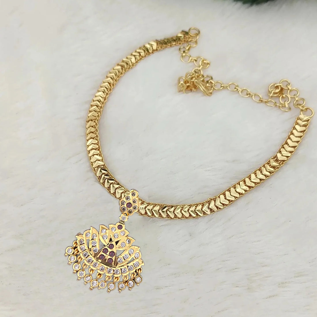 Antique Gold Plated AD Stone Pendant Chain Necklace