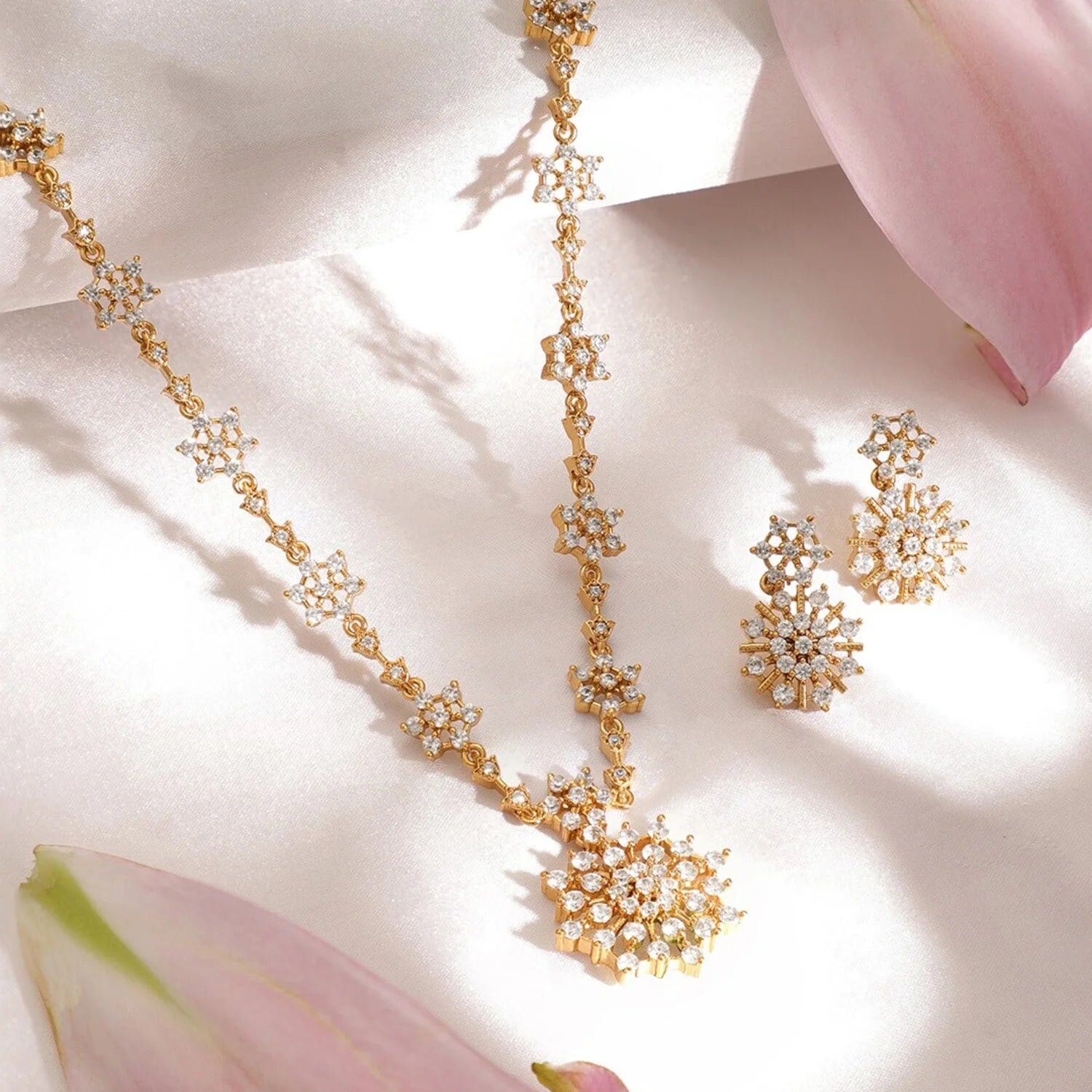 Floral American Diamond Gold Plated Necklace Set