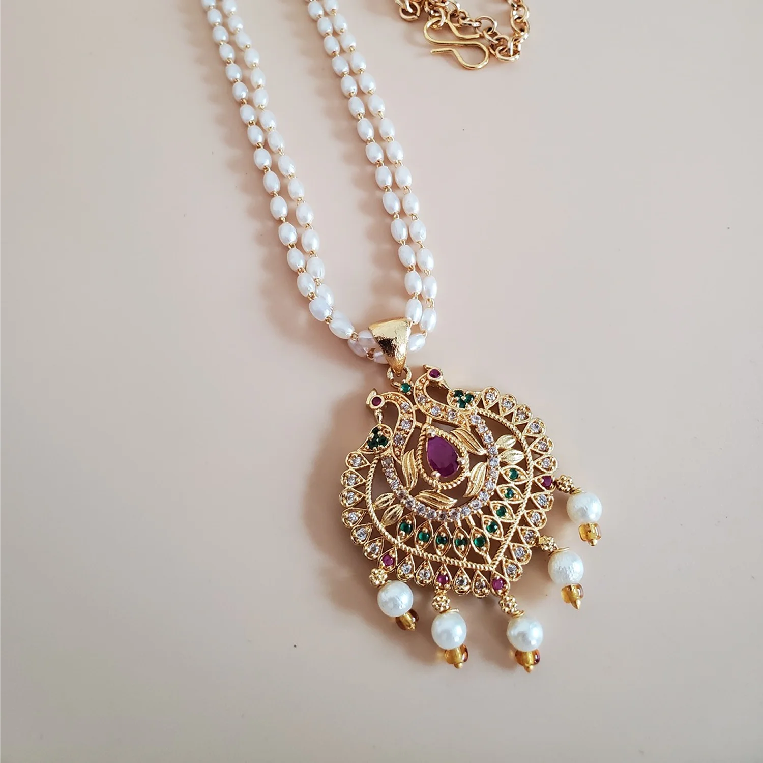 Peacock Pearl AD Pendant Mala Necklace for Women