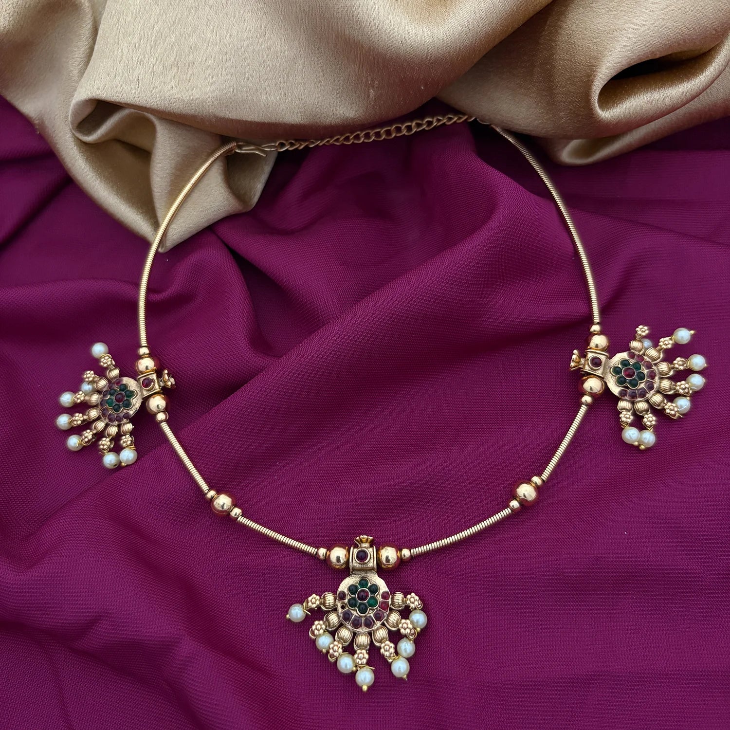 Traditional Gold Plated Hasli Necklace with Pearl Drops