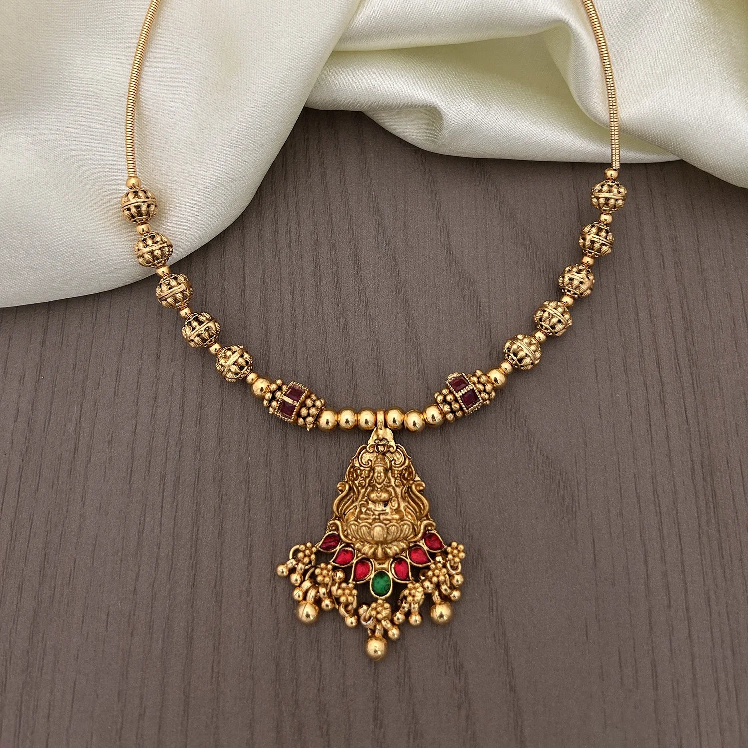 Lakshmi Temple Pendant Gold Hasli Necklace with Stones