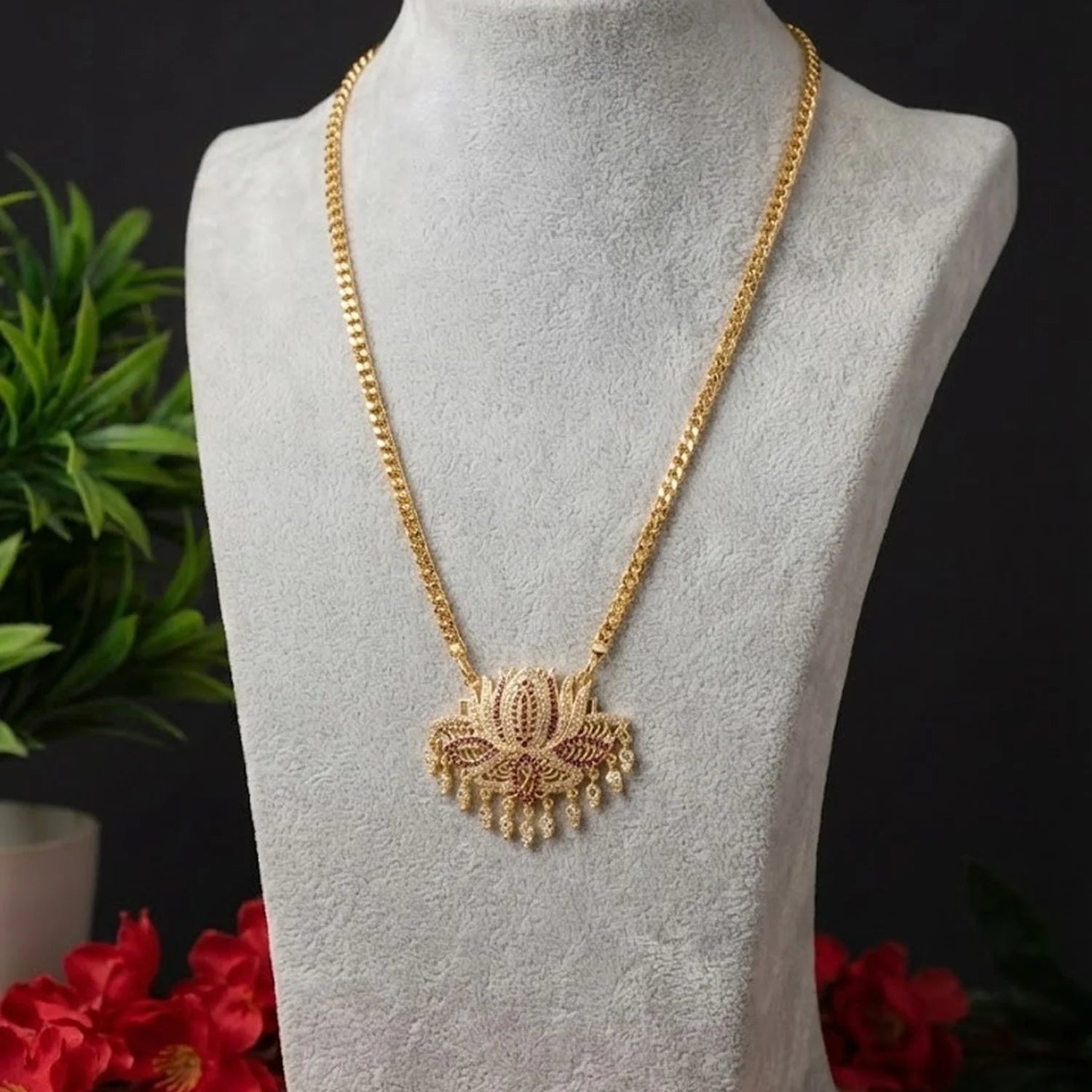Lotus AD Stone Gold Chain Necklace with Drop Beads