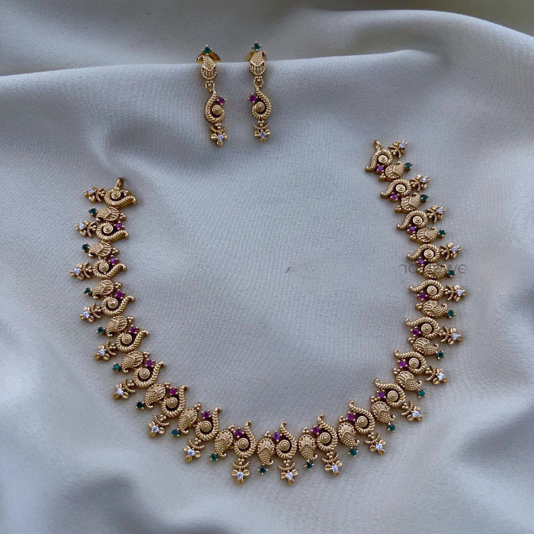 Temple Peacock Gold Plated American Diamond Necklace Set