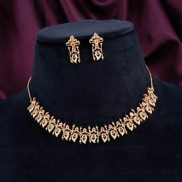 Pink Stone Gold Plated American Diamond Necklace Set
