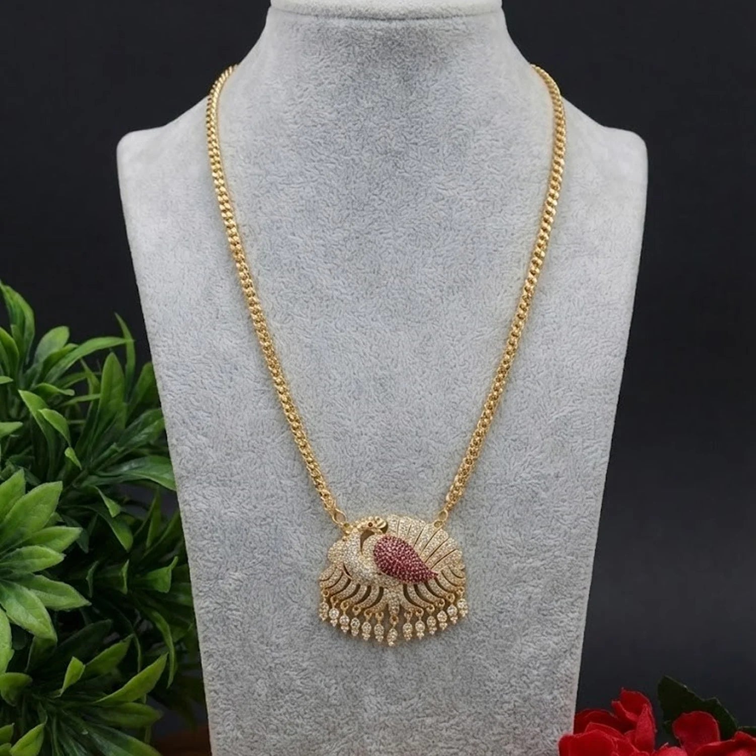 Peacock Ruby Stone Gold Plated Pendant Chain Necklace