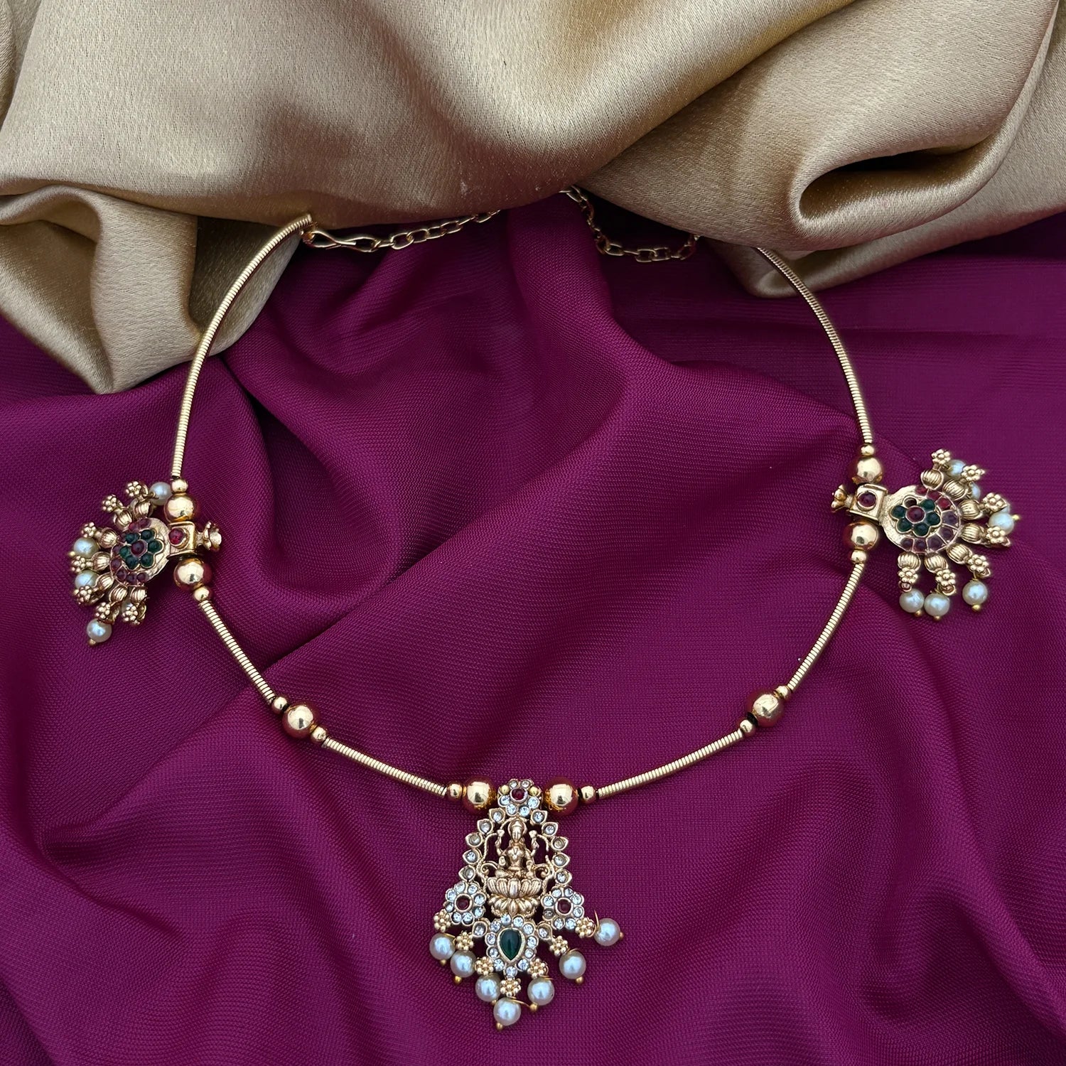 Green Stone Pearl Gold Plated Hasli Necklace