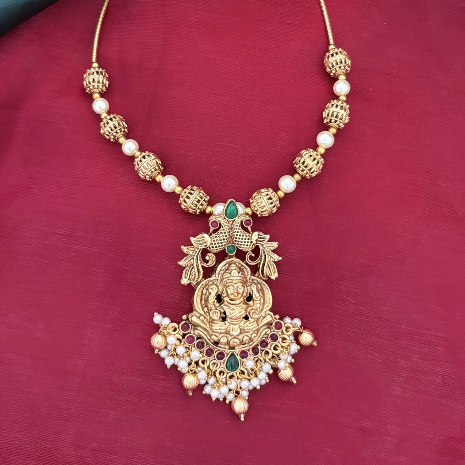Lakshmi Peacock Gold Plated Chain Necklace with Pearls