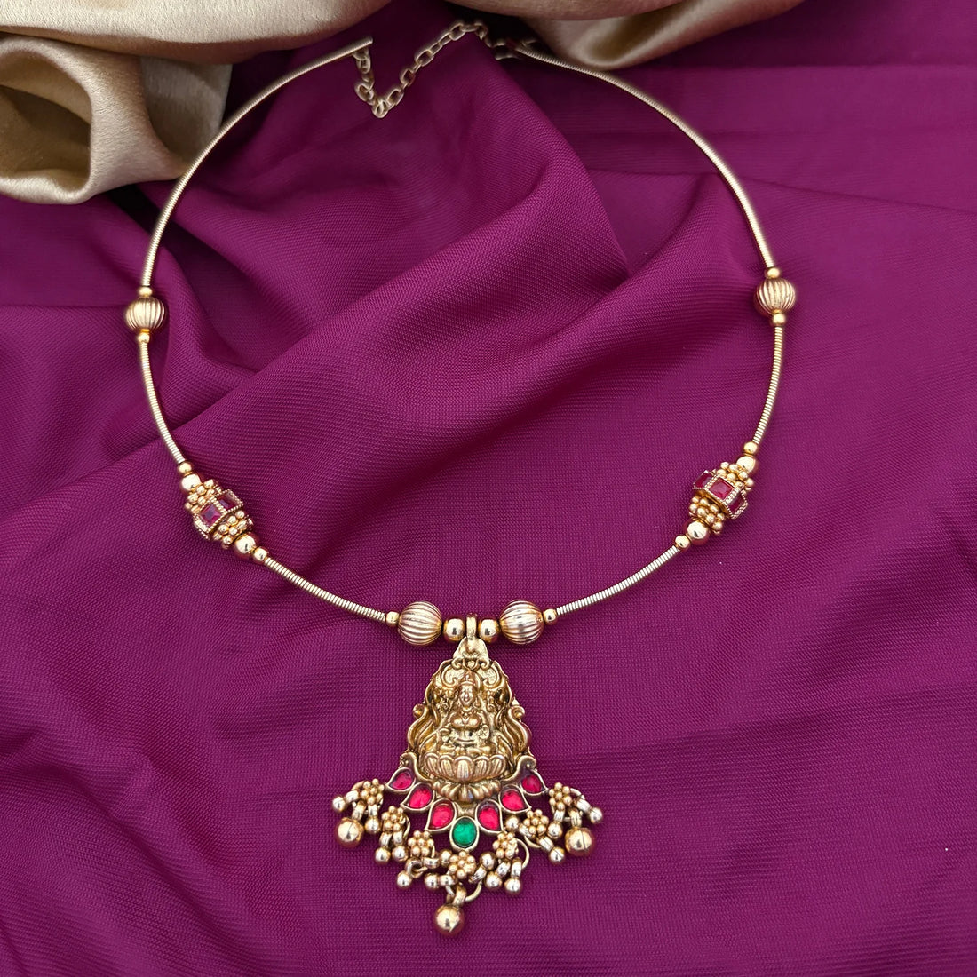 Lakshmi Temple Gold Plated Hasli Chain Necklace with Stones