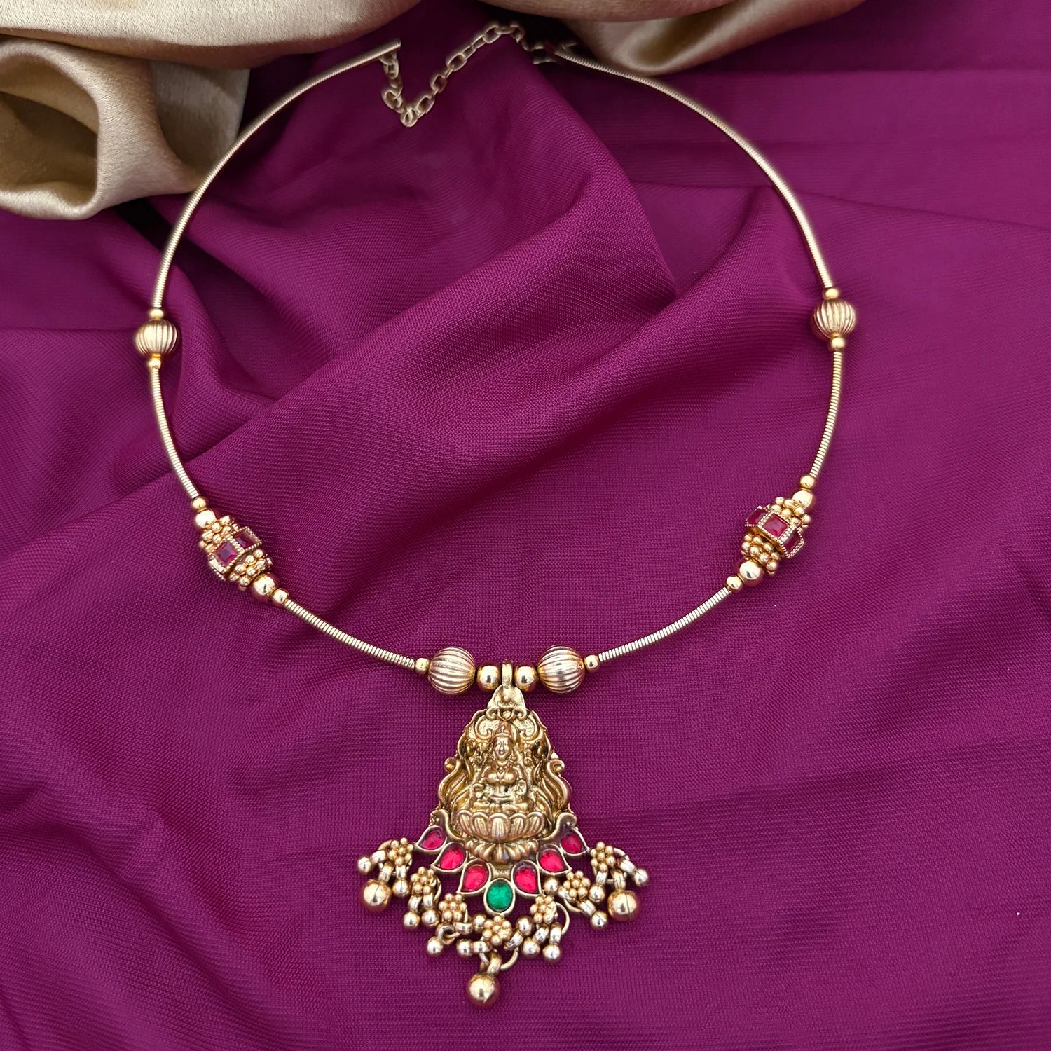 Lakshmi Temple Gold Plated Hasli Chain Necklace with Stones