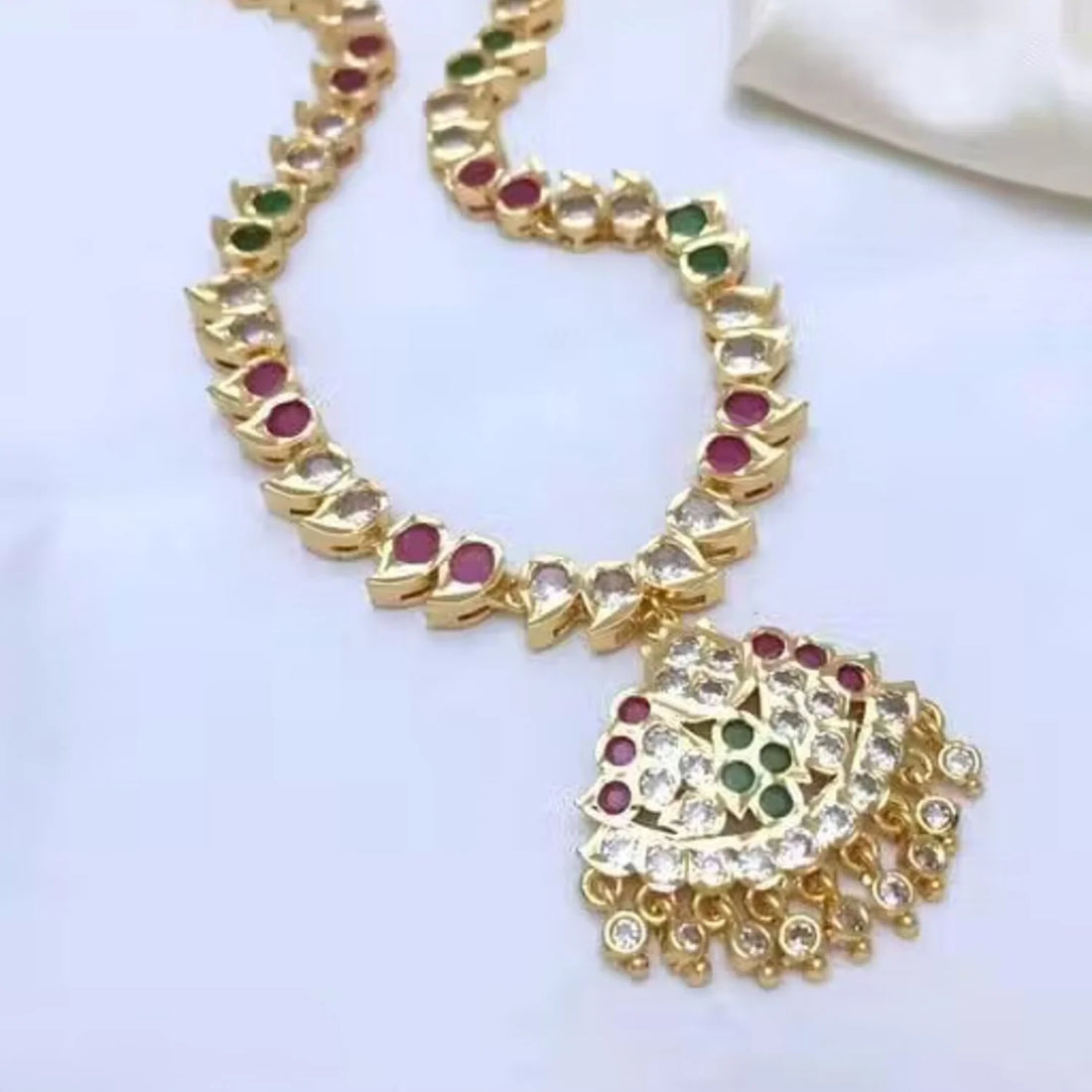 Peacock AD Stone Gold Plated Chain Necklace Set Red