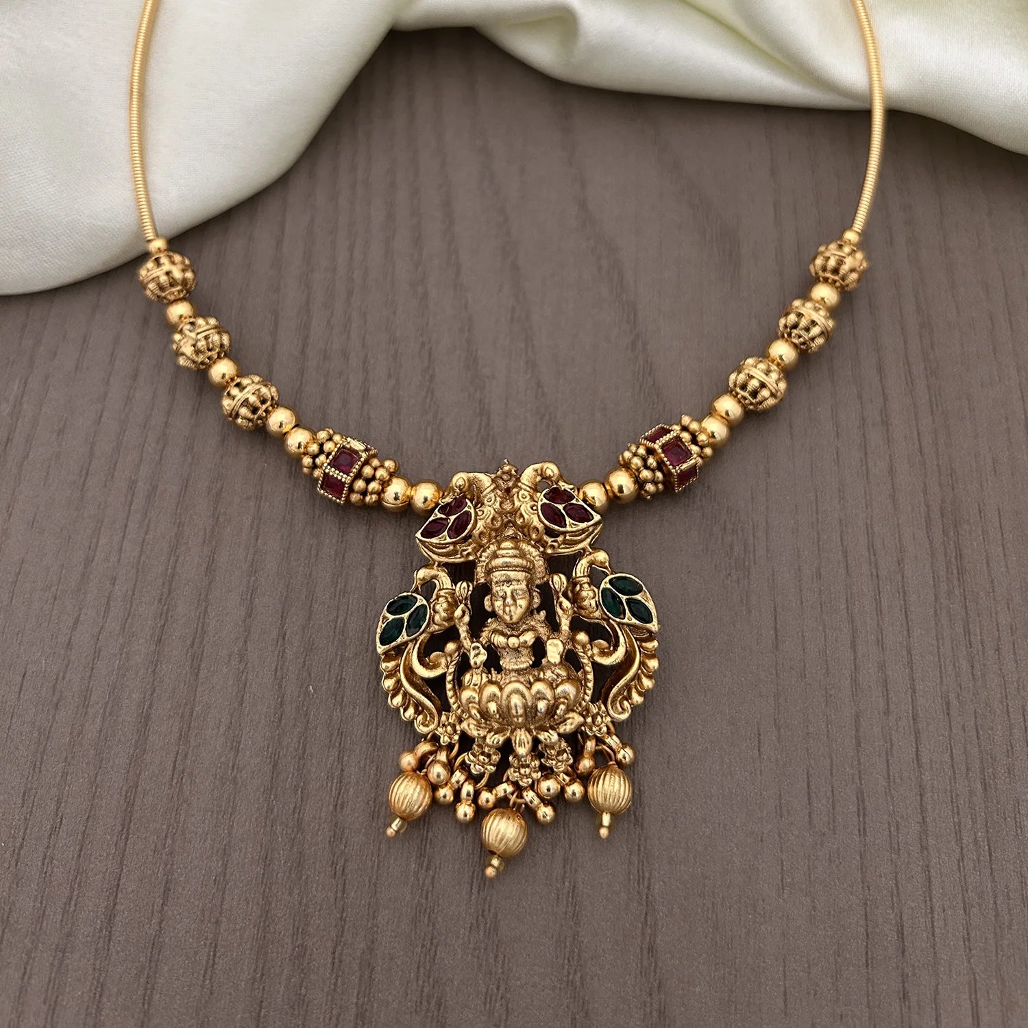 Lakshmi Peacock Temple Gold Hasli Necklace with Stones