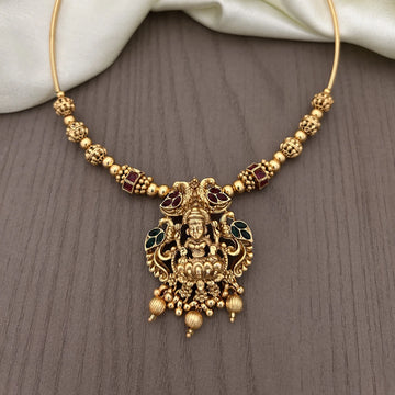 Lakshmi Peacock Temple Gold Hasli Necklace with Stones