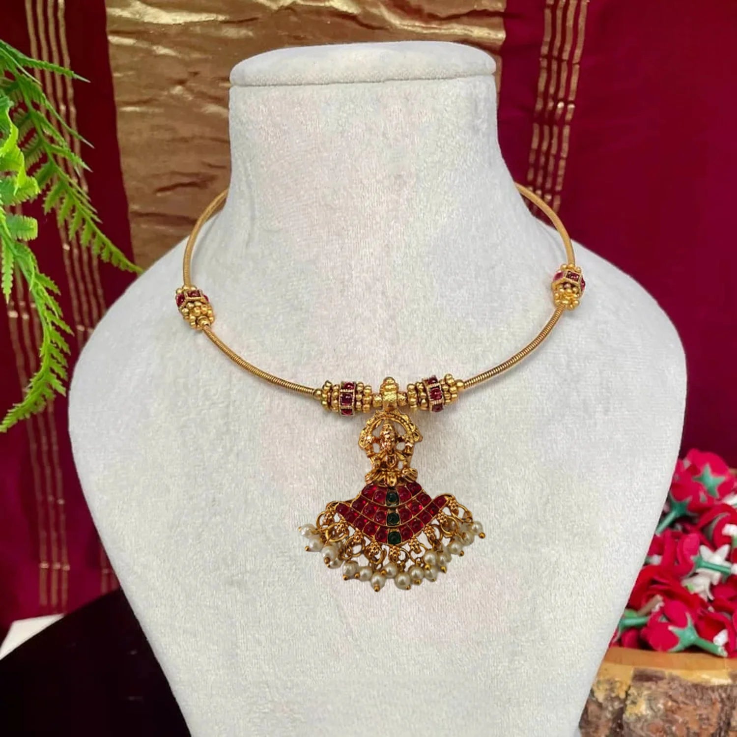 Lakshmi Pendant Gold Plated Hasli Chain Necklace