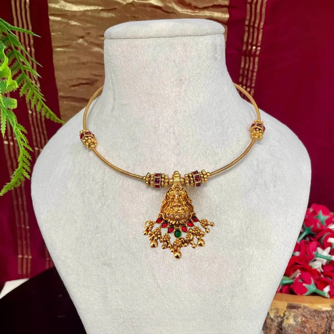 Lakshmi Gold Plated Minimal Chain Necklace with Red Stones