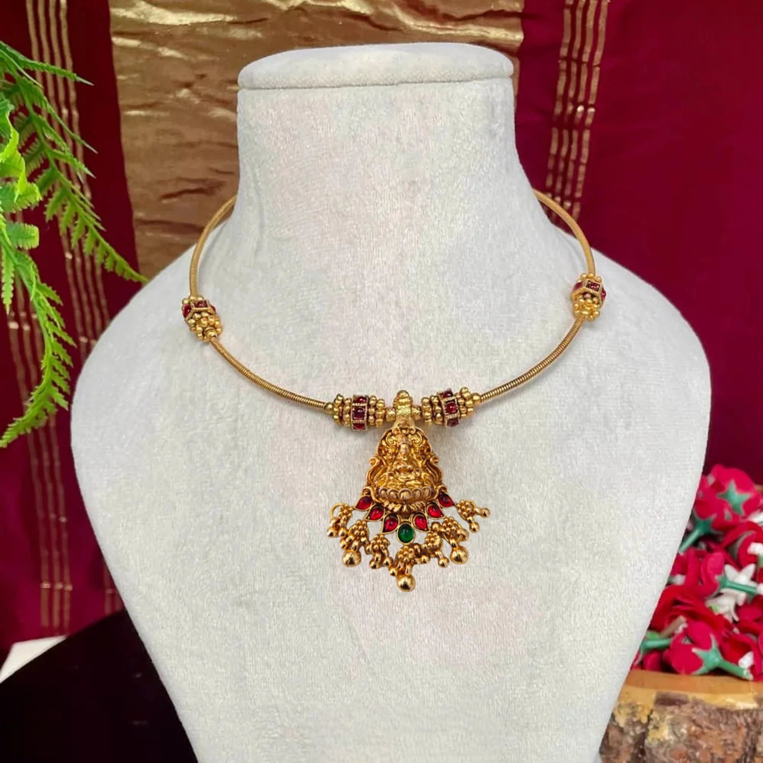 Lakshmi Gold Plated Minimal Chain Necklace with Red Stones