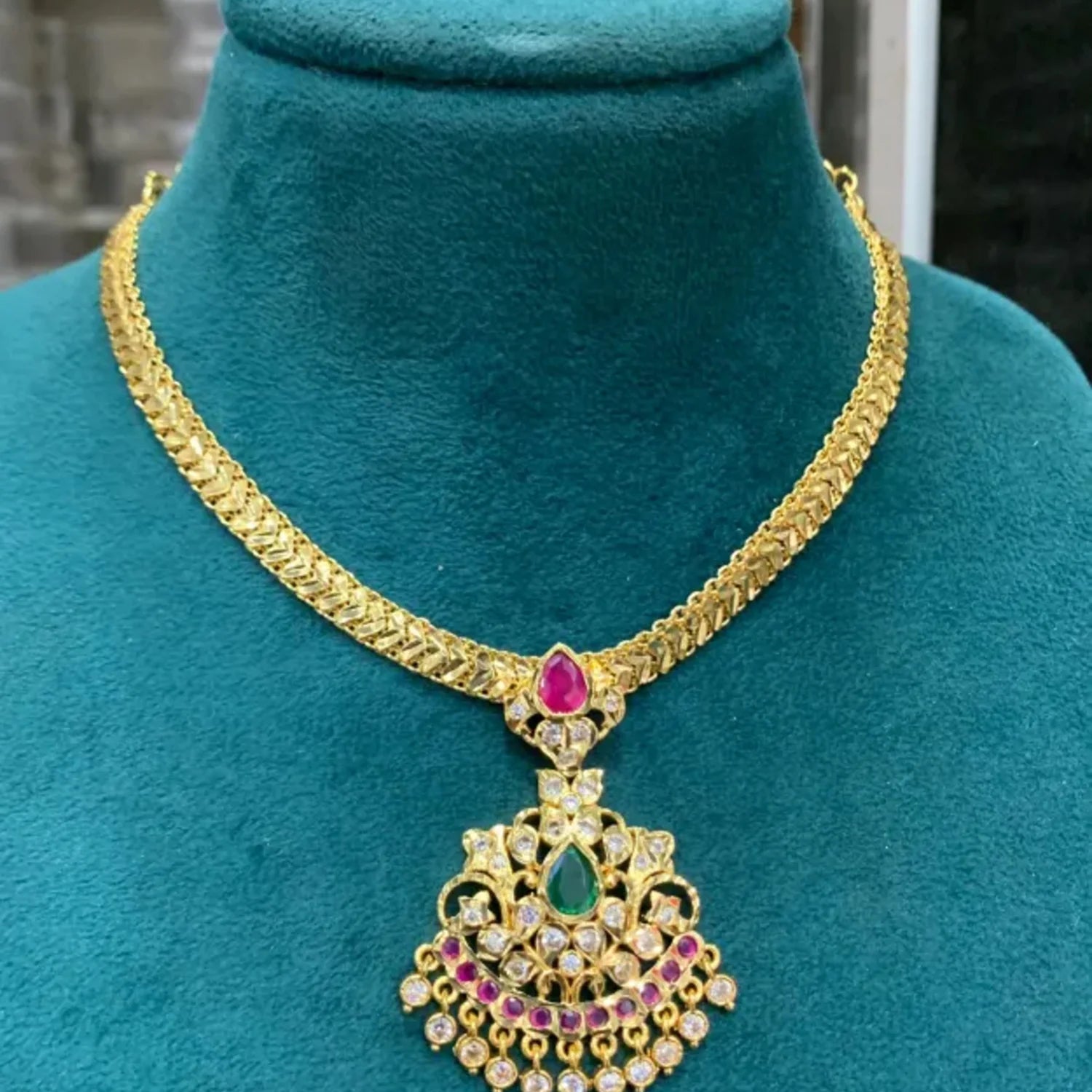 Multi Stone Temple Pendant Gold Chain Necklace for Women