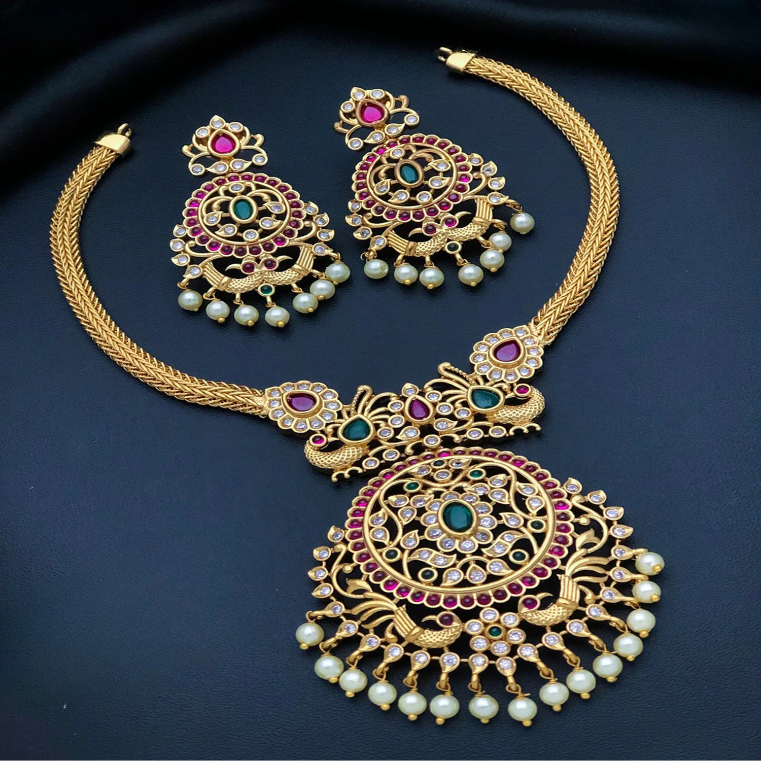 Peacock American Diamond Gold Plated Necklace Set with Earrings
