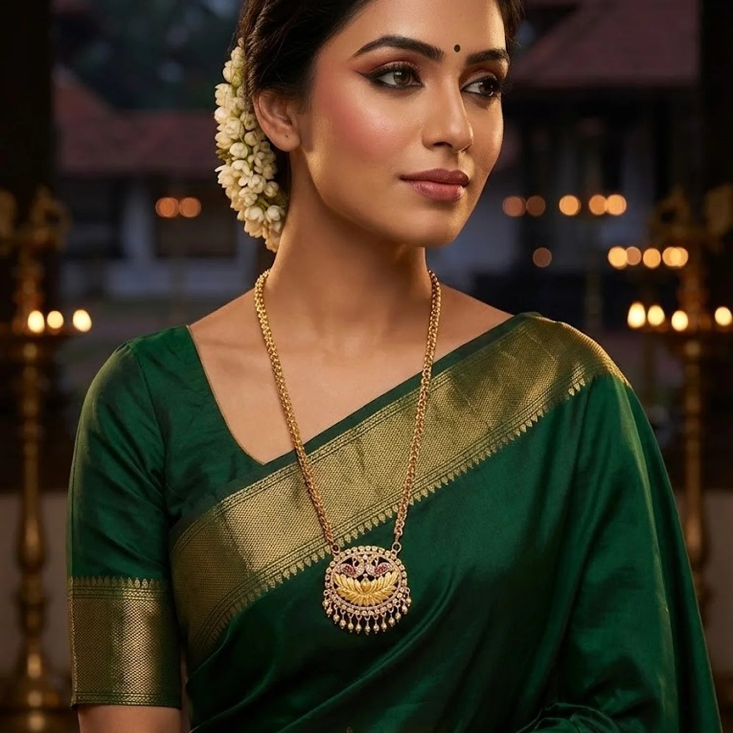 Lakshmi Temple Pendant Gold Long Chain Necklace
